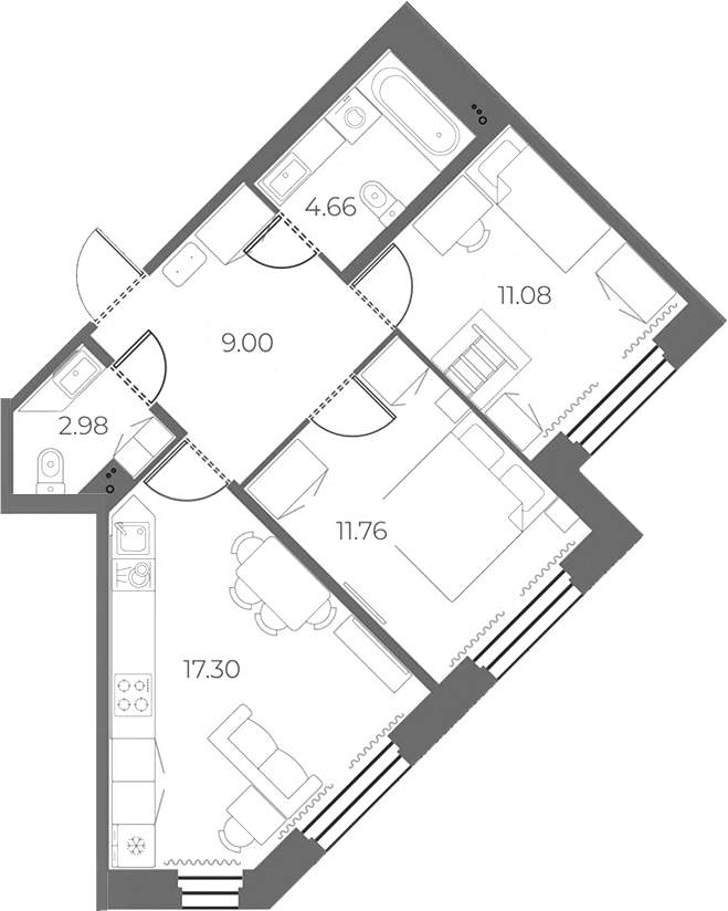 2-комнатная квартира 56.78 м², 2/18 эт., ЖК «Огни Залива»